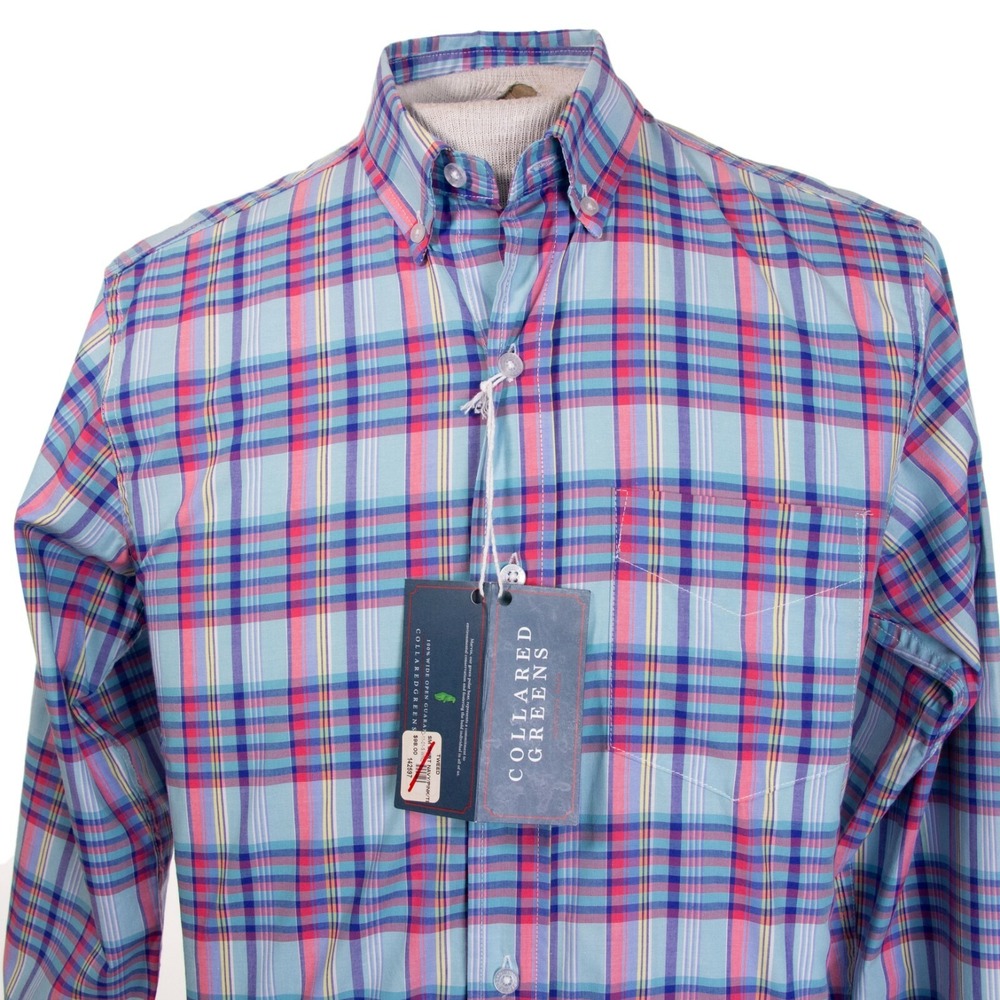 NWT Collared Greens Mens S Teal Blue Plaid LS Button‎ Front Shirt $98 MSRP - Picture 2 of 10